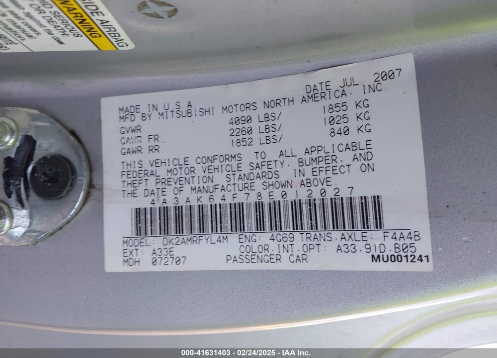 2008 MITSUBISHI ECLIPSE VIN: 4A3AK64F78E012027