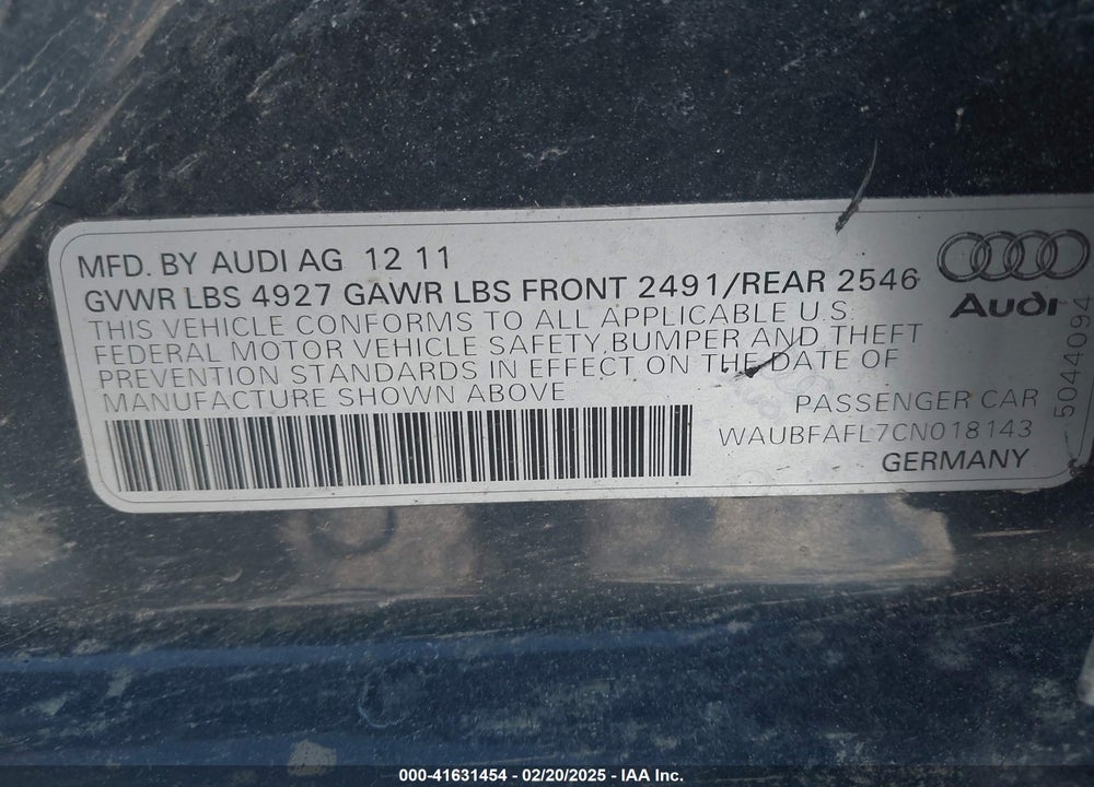 2012 AUDI A4 VIN: WAUBFAFL7CN018143