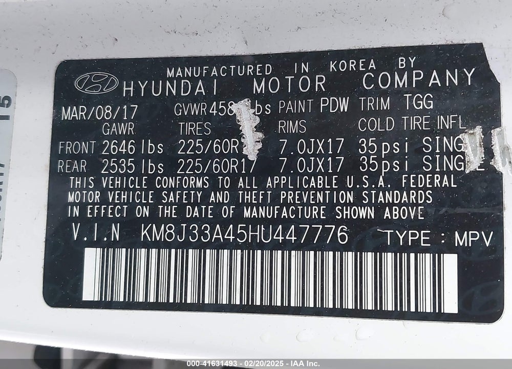 2017 HYUNDAI TUCSON SE VIN: KM8J33A45HU447776