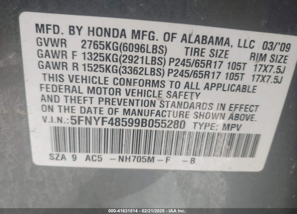 2009 HONDA PILOT VIN: 5FNYF48599B055280
