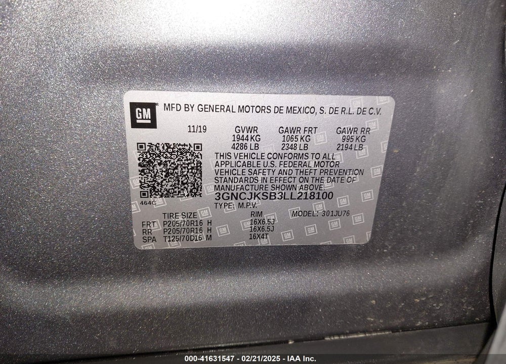 2020 CHEVROLET TRAX FWD LS VIN: 3GNCJKSB3LL218100