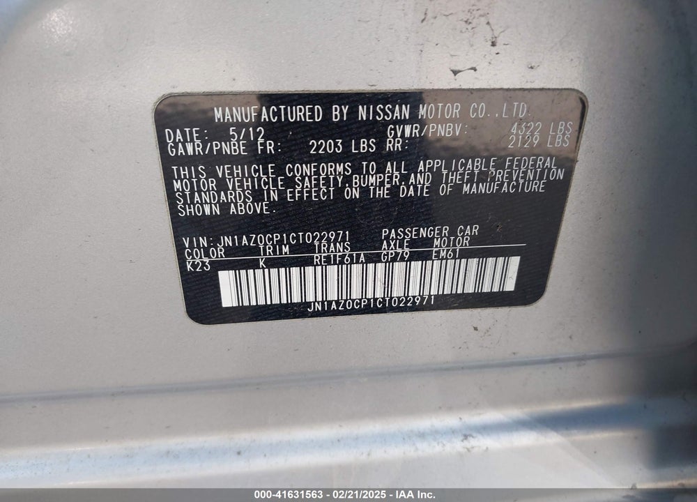 2012 NISSAN LEAF SV VIN: JN1AZ0CP1CT022971