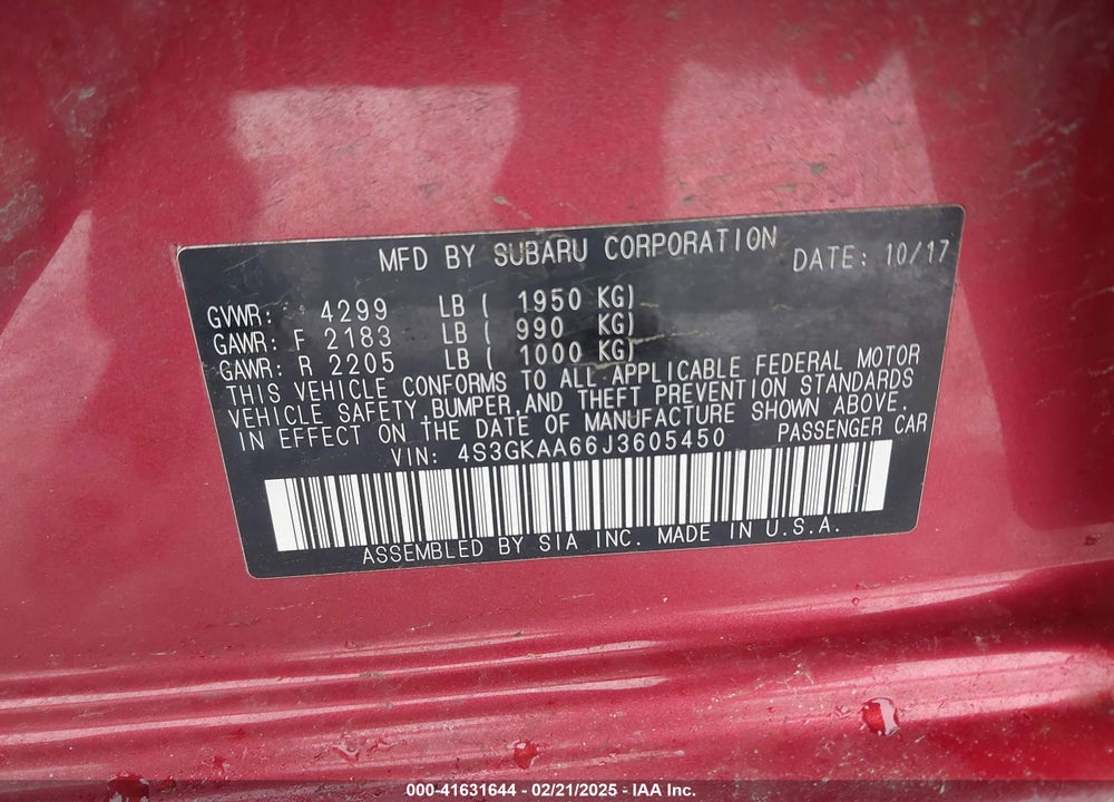 2018 SUBARU IMPREZA VIN: 4S3GKAA66J3605450