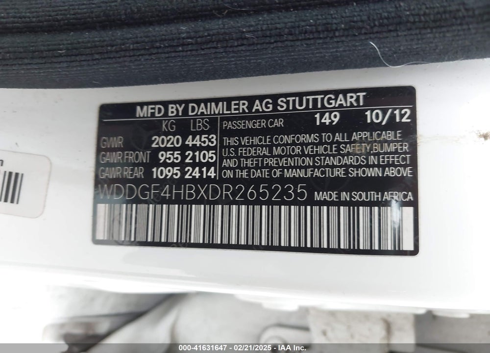 2013 MERCEDES-BENZ C 250 VIN: WDDGF4HBXDR265235
