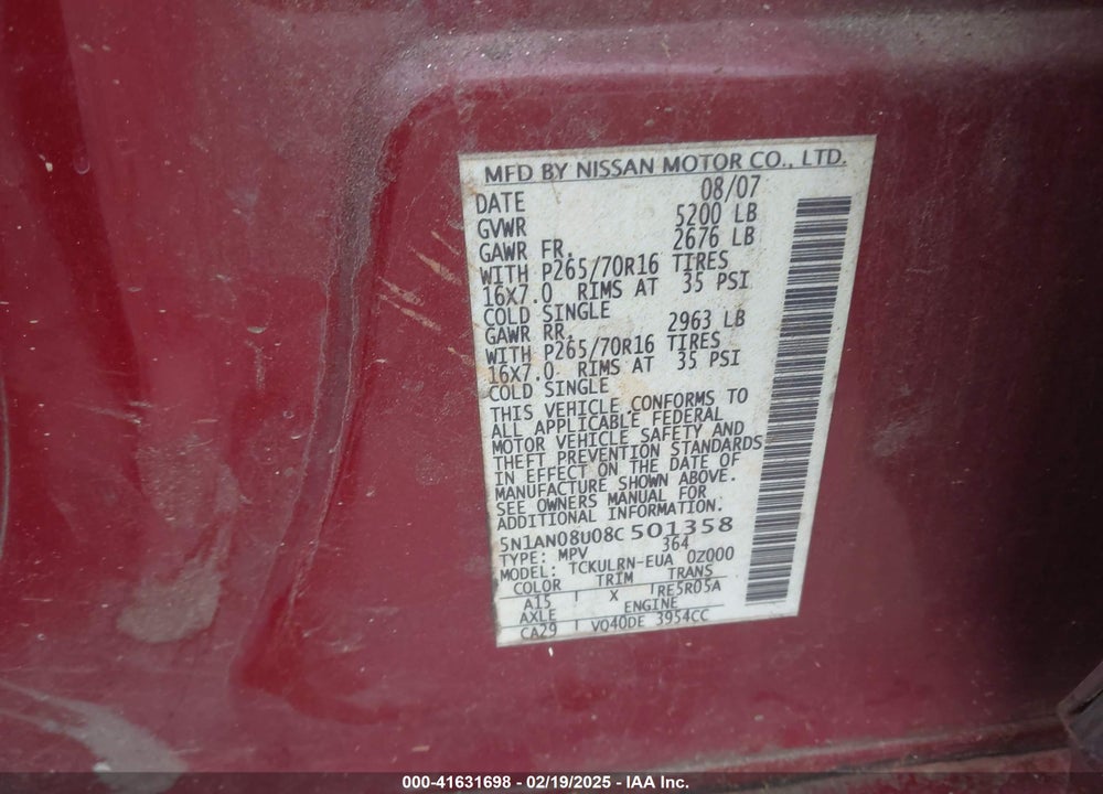 2008 NISSAN XTERRA S VIN: 5N1AN08U08C501358