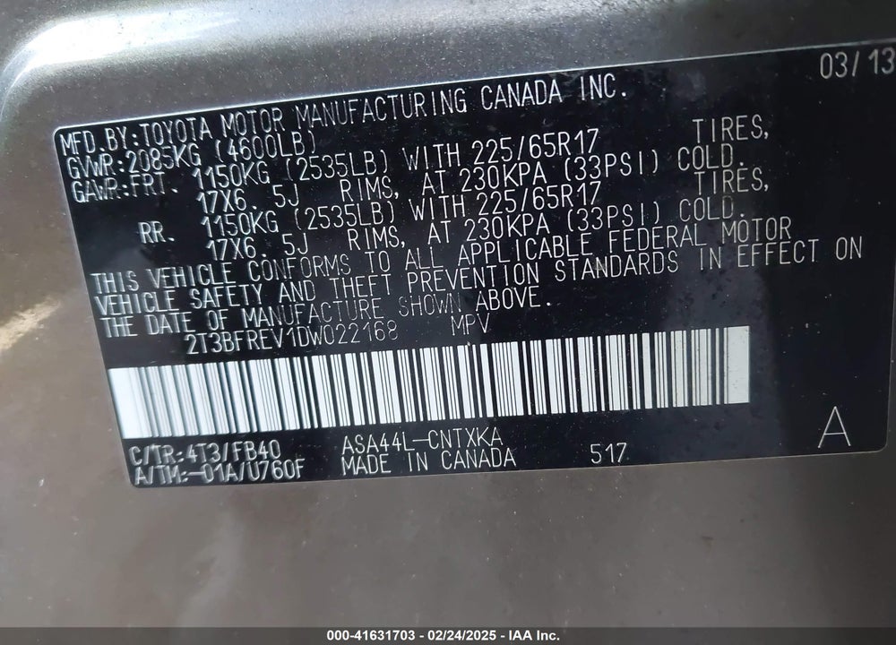 2013 TOYOTA RAV4 VIN: 2T3BFREV1DW022168