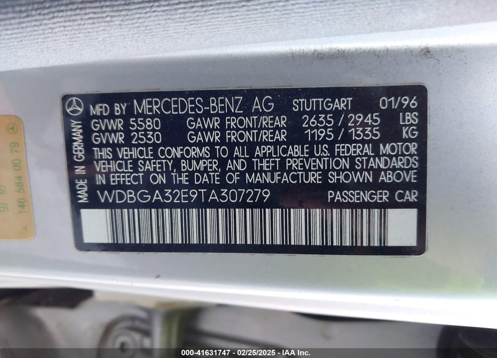 1996 MERCEDES-BENZ S 320W VIN: WDBGA32E9TA307279