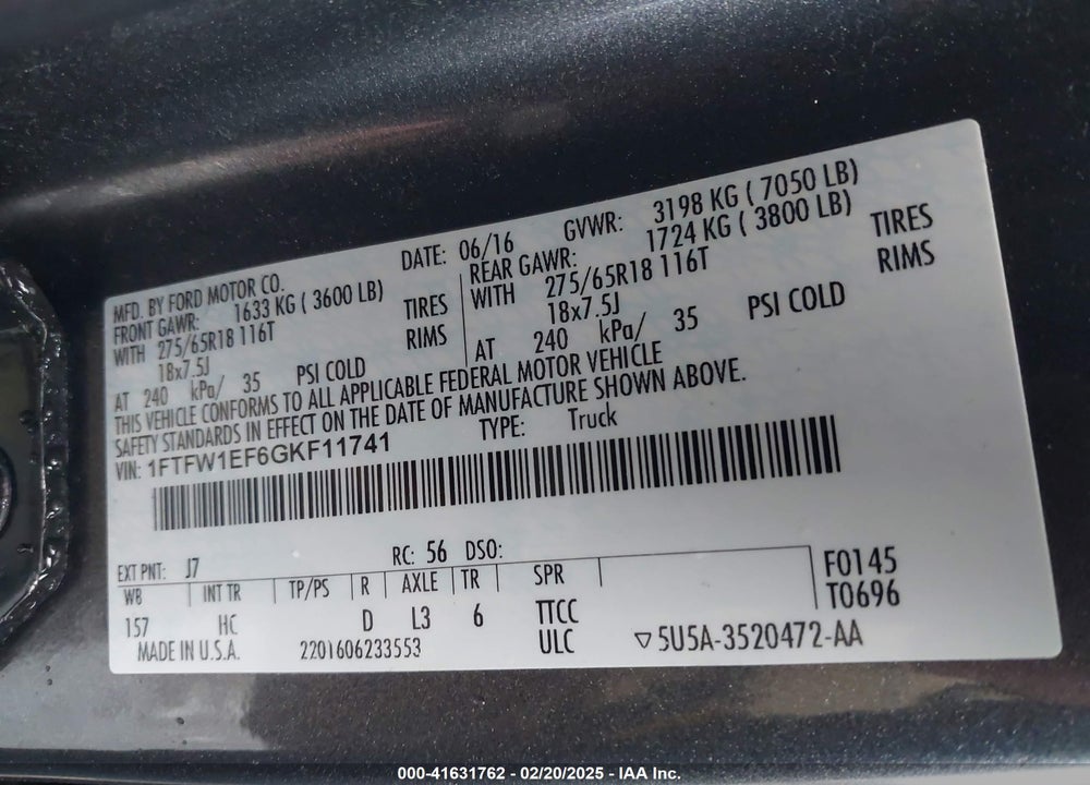 2016 FORD F-150 VIN: 1FTFW1EF6GKF11741