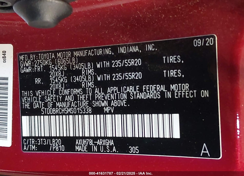 2021 TOYOTA HIGHLANDER HYBRID LIMITED VIN: 5TDDBRCH5MS015338
