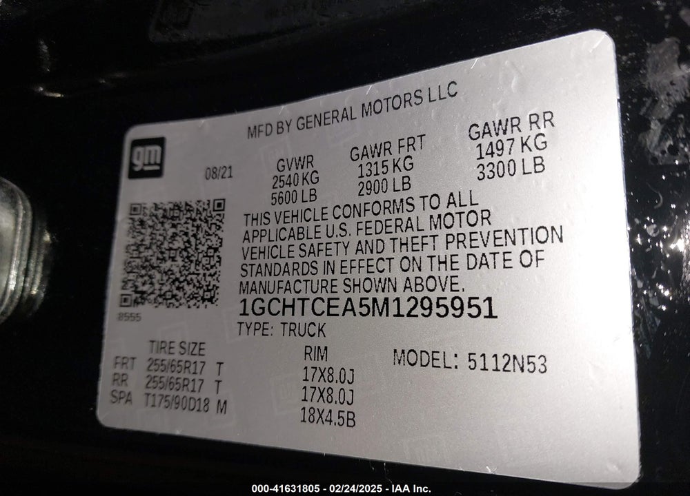 2021 CHEVROLET COLORADO 4WD LONG BOX LT VIN: 1GCHTCEA5M1295951