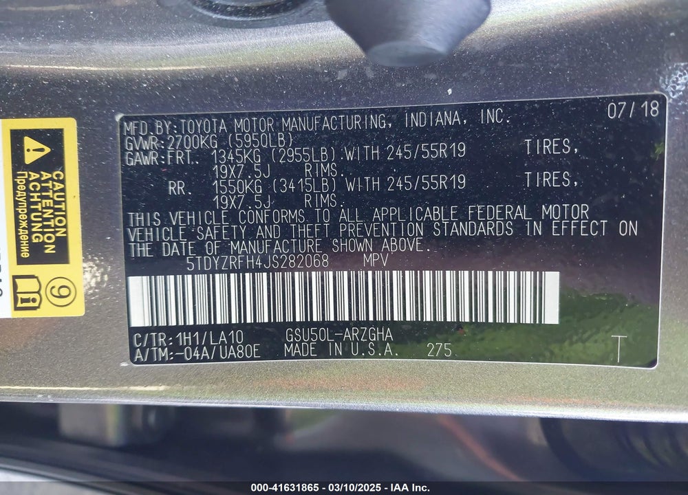 2018 TOYOTA HIGHLANDER VIN: 5TDYZRFH4JS282068