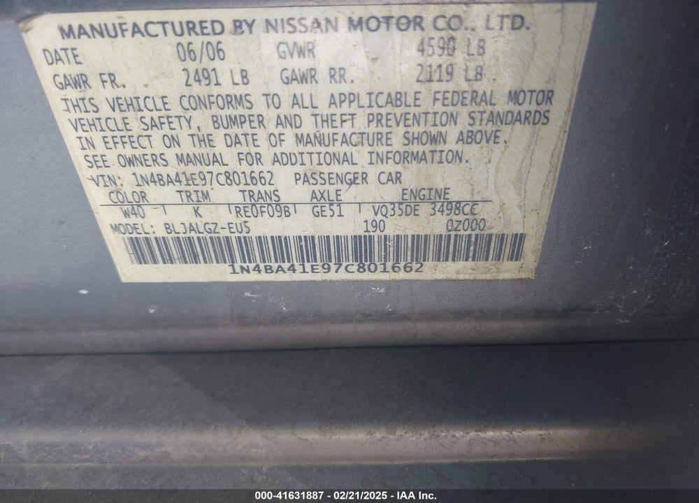 2007 NISSAN MAXIMA VIN: 1N4BA41E97C801662