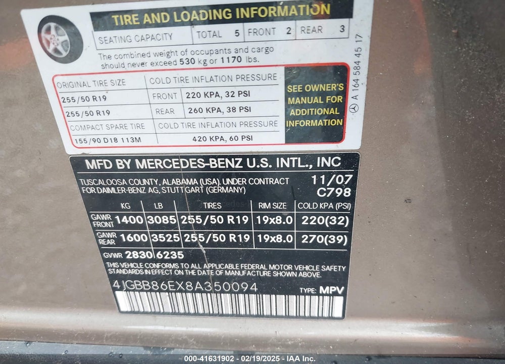 2008 MERCEDES-BENZ ML 350 4MATIC VIN: 4JGBB86EX8A350094