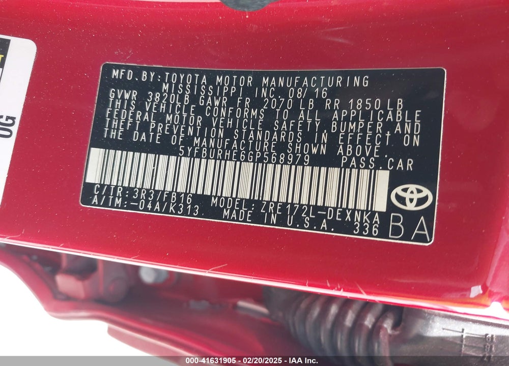 2016 TOYOTA COROLLA VIN: 5YFBURHE6GP568979