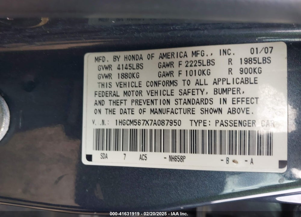 2007 HONDA ACCORD VIN: 1HGCM567X7A087950