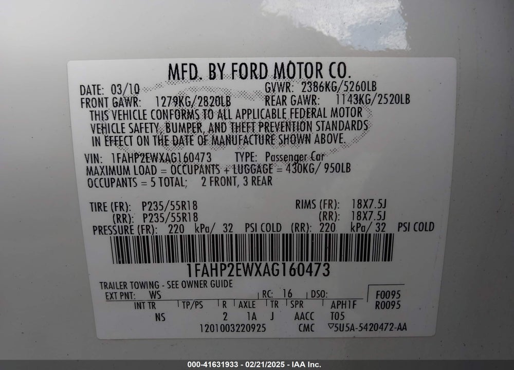 2010 FORD TAURUS VIN: 1FAHP2EWXAG160473