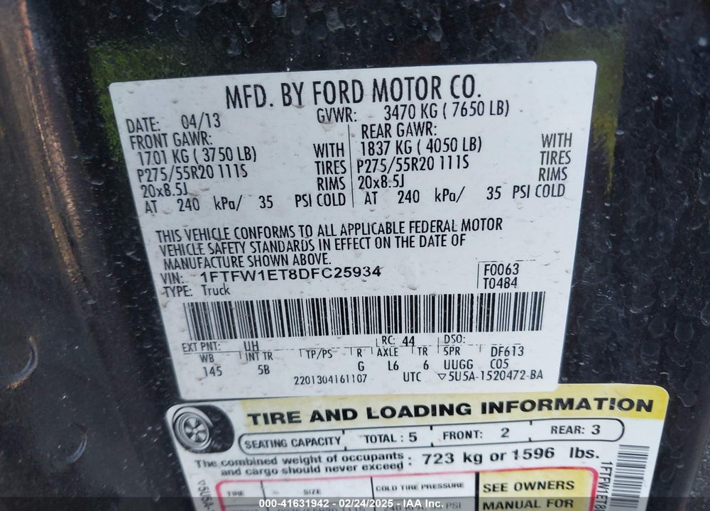 2013 FORD F-150 VIN: 1FTFW1ET8DFC25934
