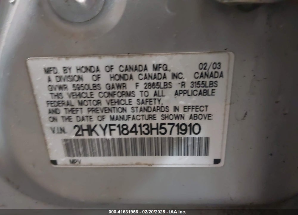 2003 HONDA PILOT EX VIN: 2HKYF18413H571910
