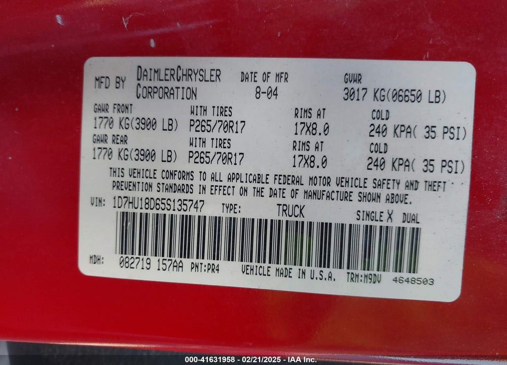 2005 DODGE RAM 1500 SLT/LARAMIE VIN: 1D7HU18D65S135747