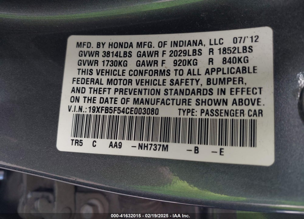 2012 HONDA CIVIC NATURAL GAS VIN: 19XFB5F54CE003080