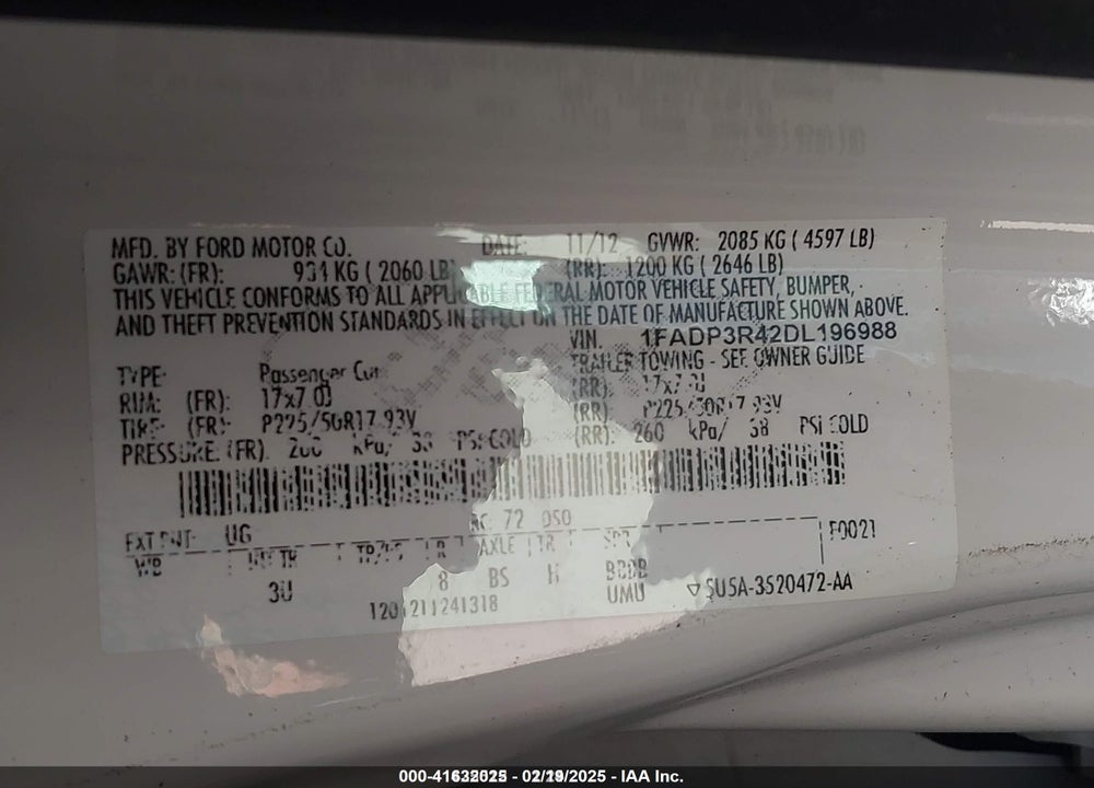 2013 FORD FOCUS VIN: 1FADP3R42DL196988