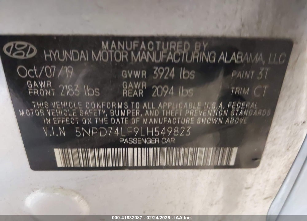 2020 HYUNDAI ELANTRA VIN: 5NPD74LF9LH549823
