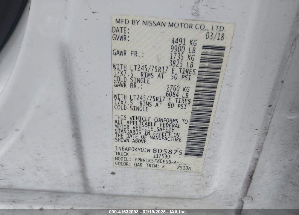 2018 NISSAN NV CARGO NV3500 HD VIN: 1N6AF0KY0JN805875