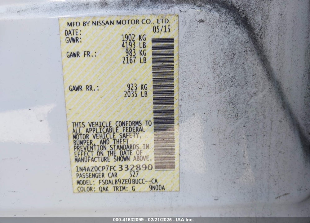 2015 NISSAN LEAF VIN: 1N4AZ0CP7FC332890