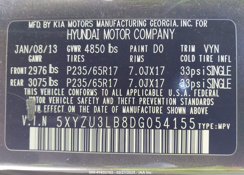 2013 HYUNDAI SANTA FE VIN: 5XYZU3LB8DG054155