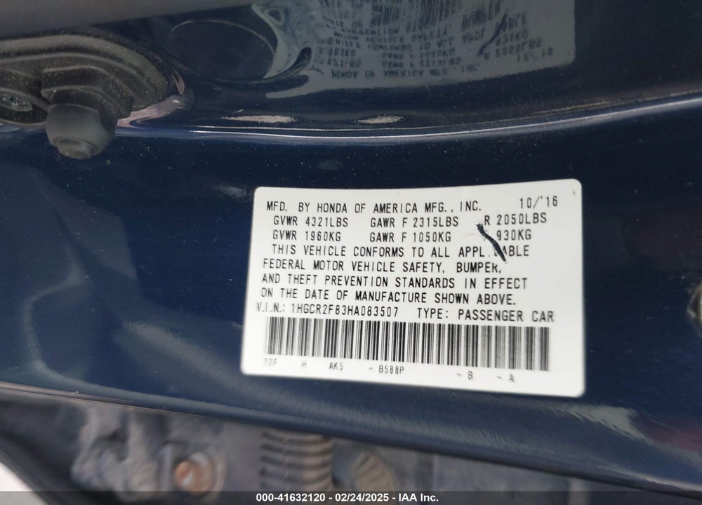 2017 HONDA ACCORD VIN: 1HGCR2F83HA083507