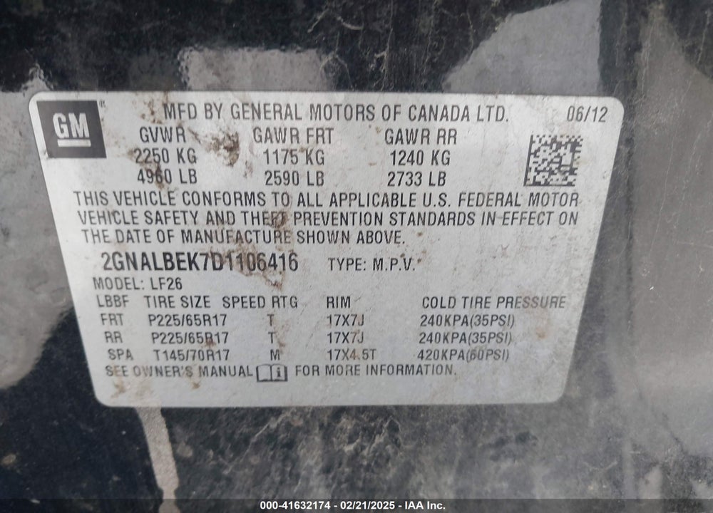 2013 CHEVROLET EQUINOX LS VIN: 2GNALBEK7D1106416