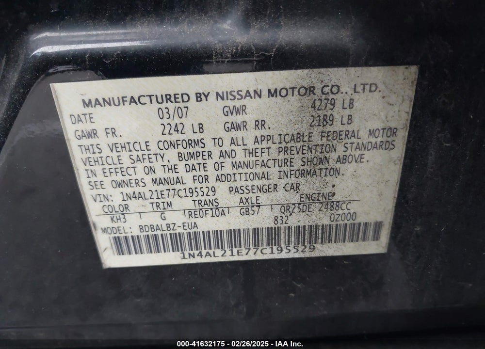 2007 NISSAN ALTIMA 2.5 S VIN: 1N4AL21E77C195529