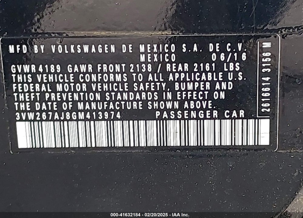 2016 VOLKSWAGEN JETTA VIN: 3VW267AJ8GM413974