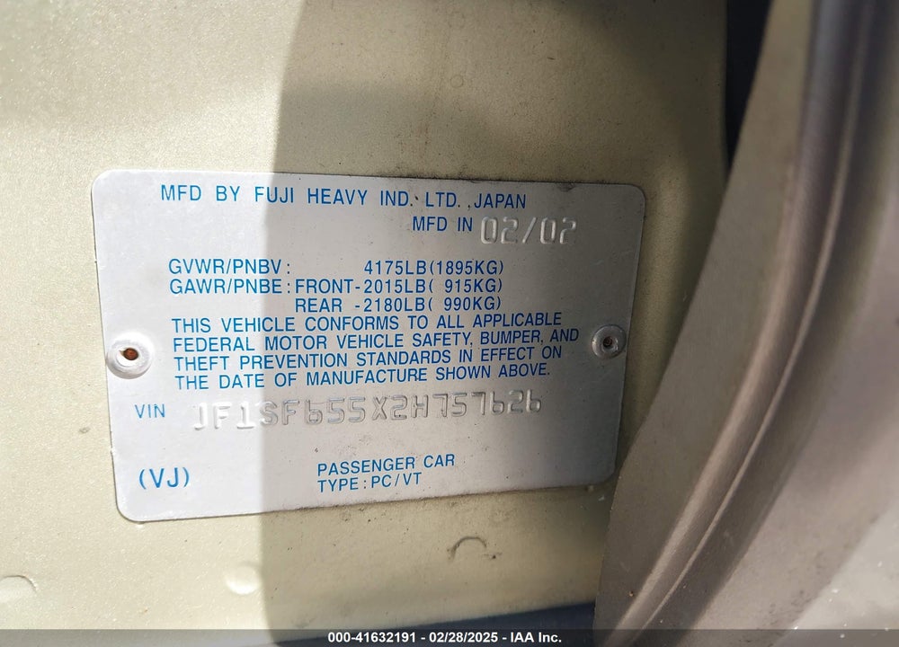 2002 SUBARU FORESTER VIN: JF1SF655X2H757626