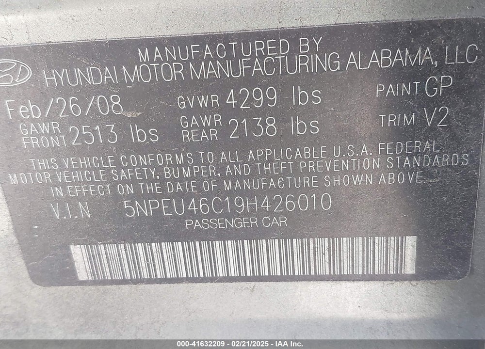 2009 HYUNDAI SONATA LIMITED VIN: 5NPEU46C19H426010