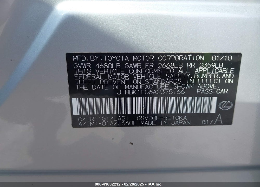 2010 LEXUS ES 350 VIN: JTHBK1EG6A2375166