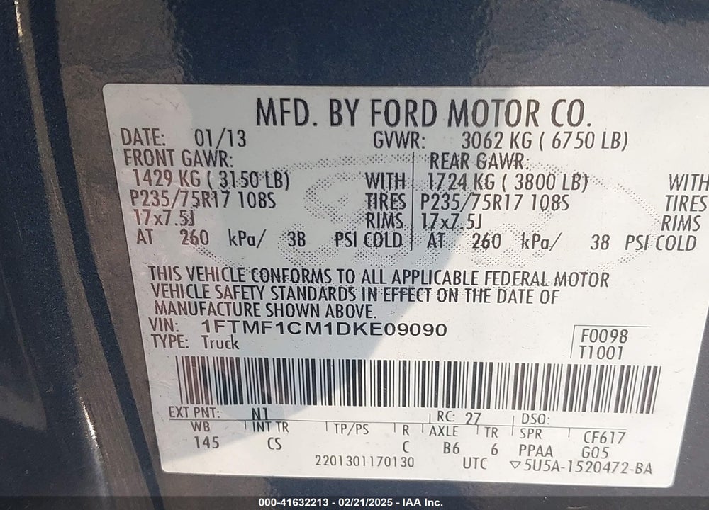 2013 FORD F-150 VIN: 1FTMF1CM1DKE09090