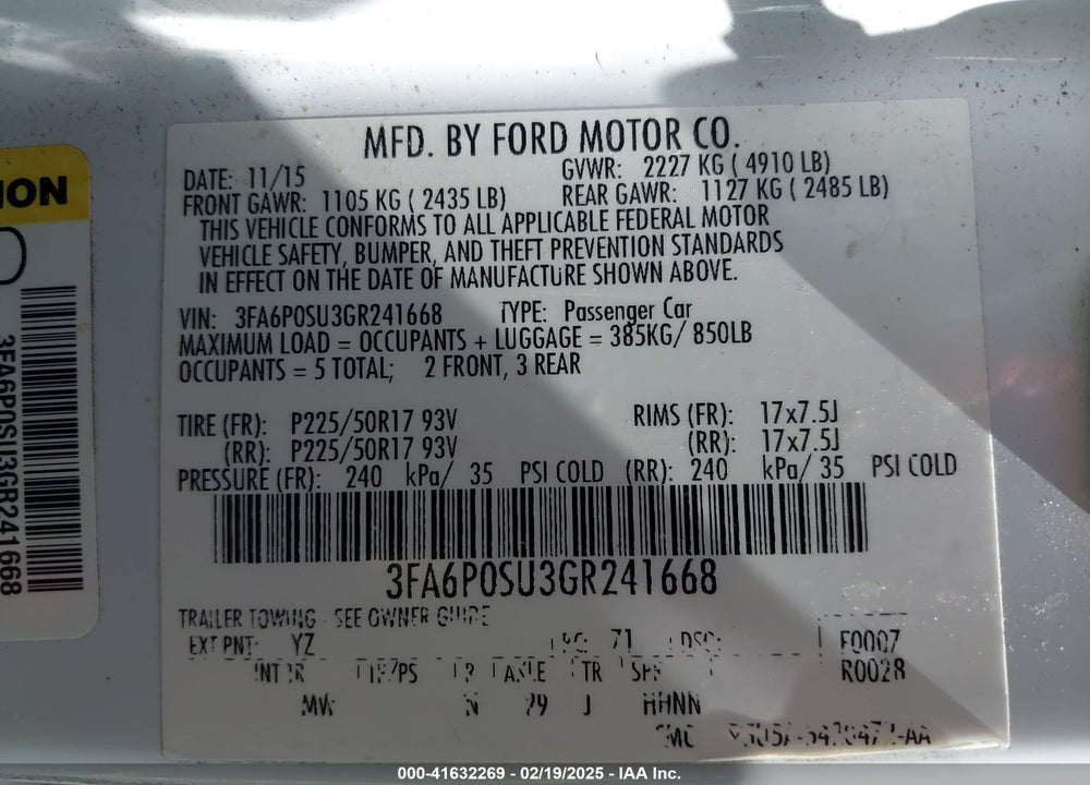 2016 FORD FUSION ENERGI TITANIUM VIN: 3FA6P0SU3GR241668