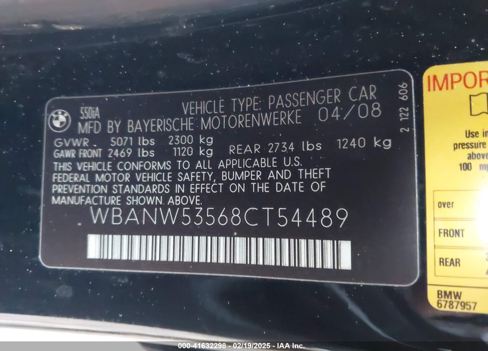 2008 BMW 550I VIN: WBANW53568CT54489
