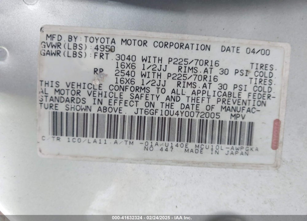 2000 LEXUS RX 300 VIN: JT6GF10U4Y0072005