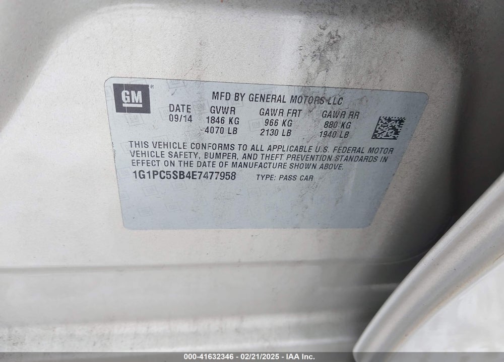 2014 CHEVROLET CRUZE VIN: 1G1PC5SB4E7477958