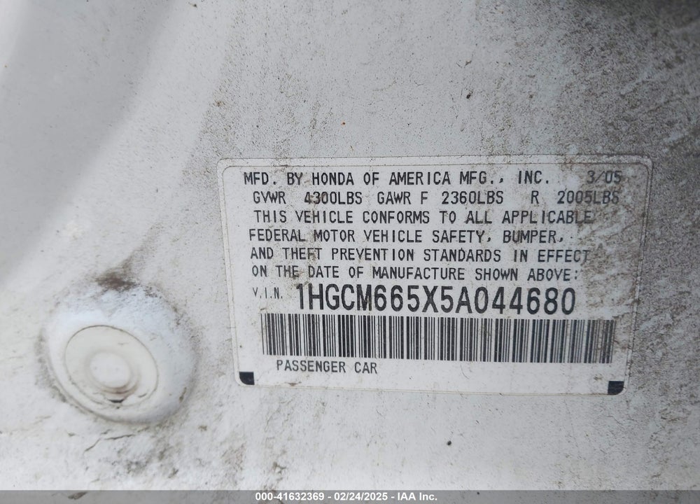 2005 HONDA ACCORD 3.0 EX VIN: 1HGCM665X5A044680