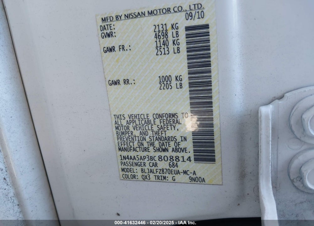 2011 NISSAN MAXIMA 3.5 SV VIN: 1N4AA5AP3BC808814