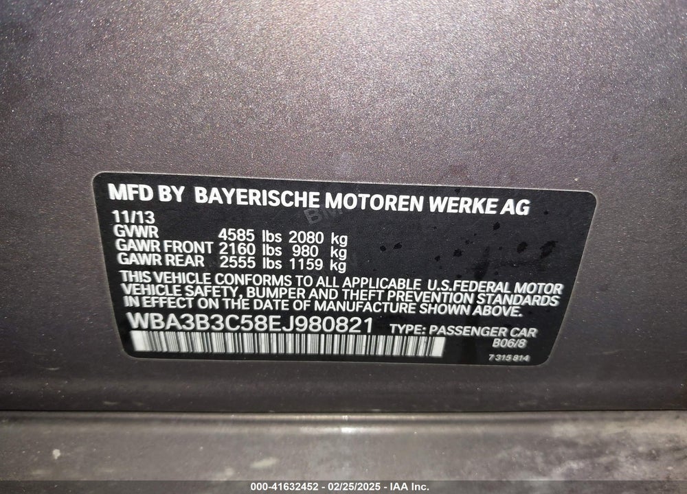 2014 BMW 328I VIN: WBA3B3C58EJ980821