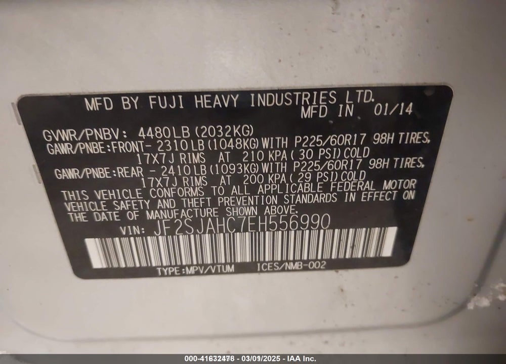 2014 SUBARU FORESTER VIN: JF2SJAHC7EH556990