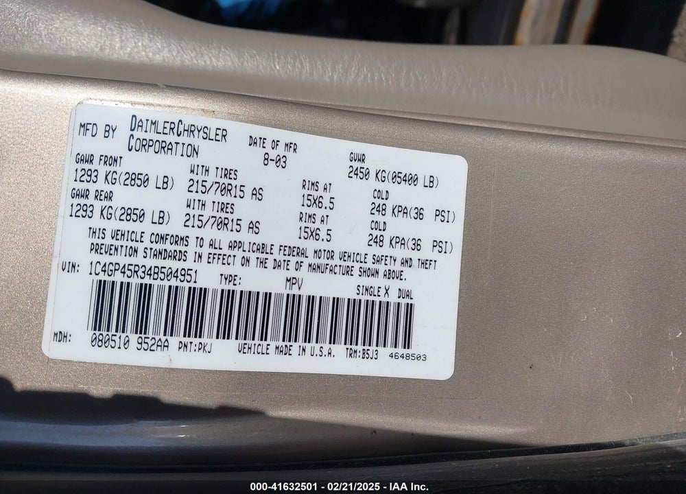 2004 CHRYSLER TOWN & COUNTRY VIN: 1C4GP45R34B504951