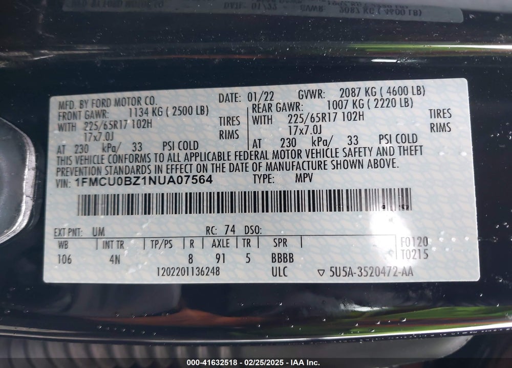 2022 FORD ESCAPE VIN: 1FMCU0BZ1NUA07564