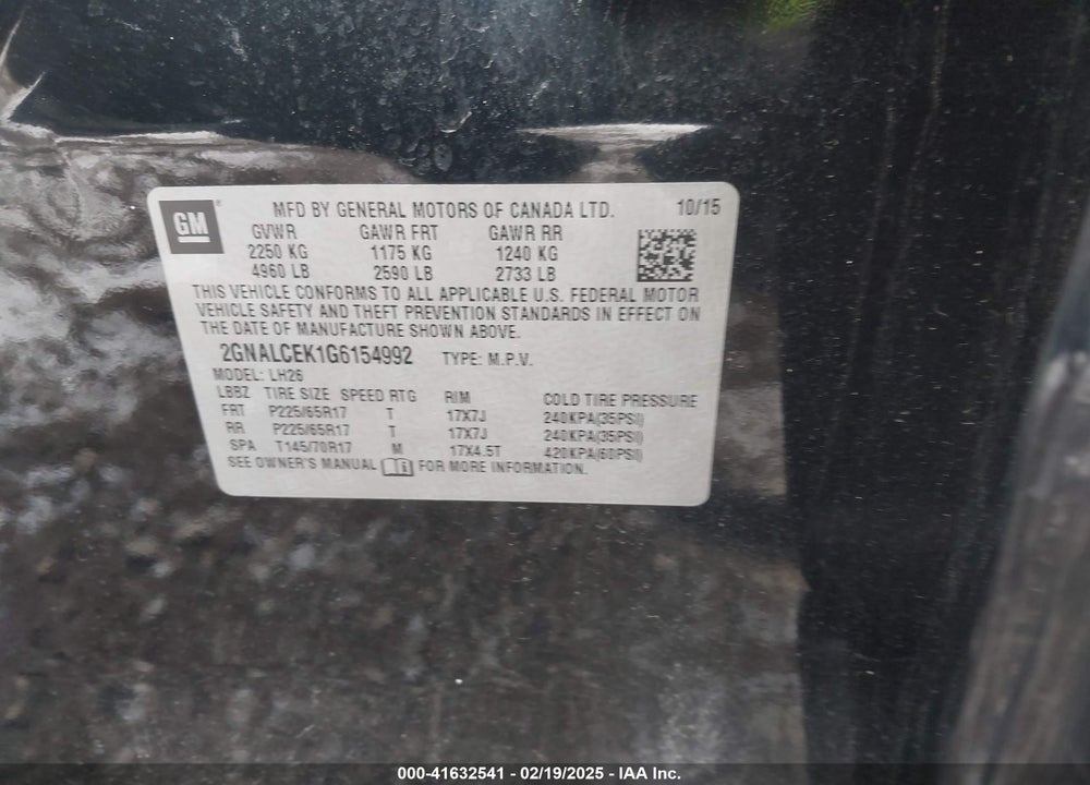 2016 CHEVROLET EQUINOX LT VIN: 2GNALCEK1G6154992