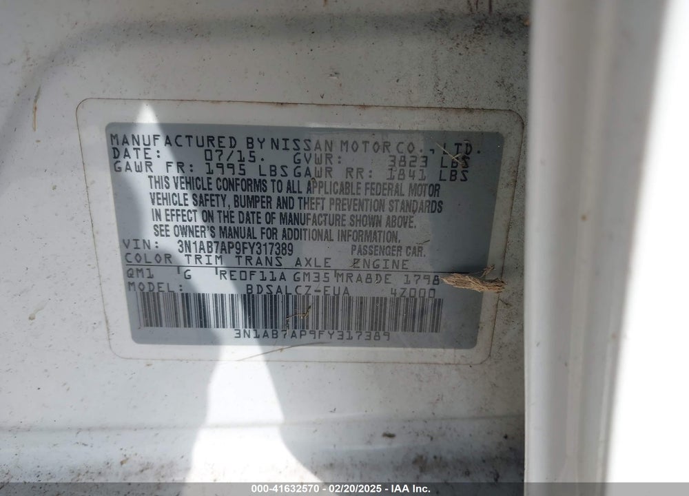 2015 NISSAN SENTRA VIN: 3N1AB7AP9FY317389