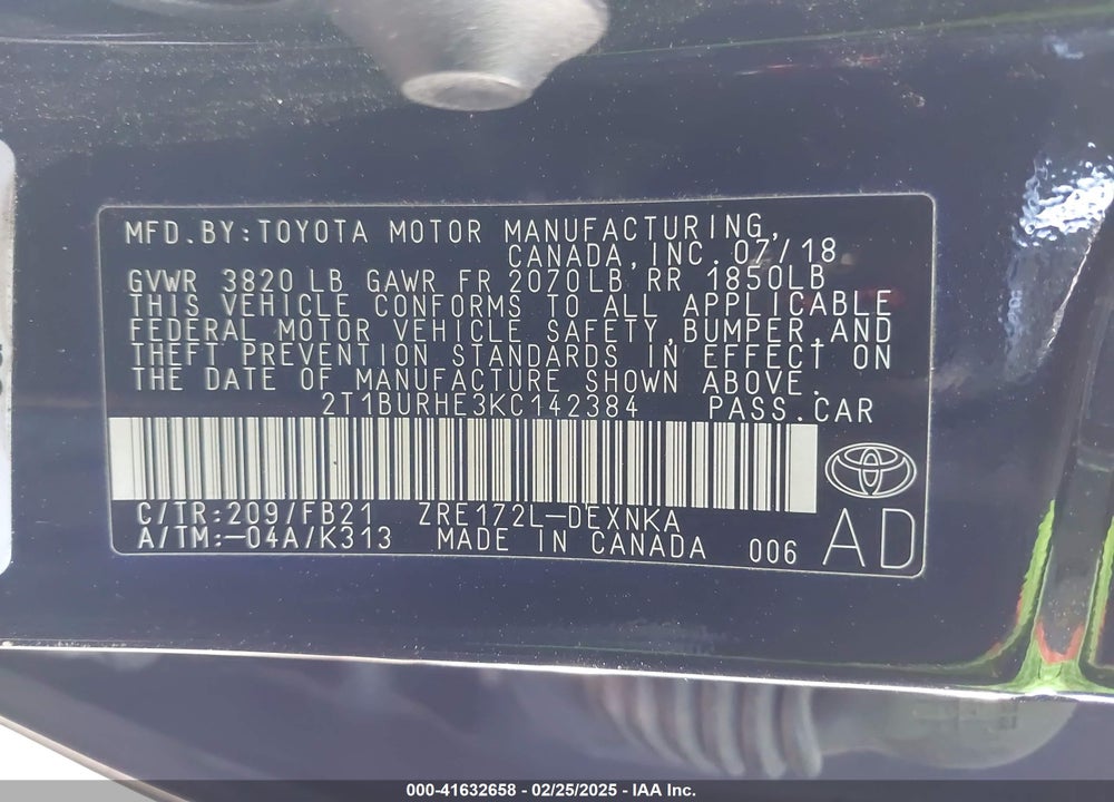 2019 TOYOTA COROLLA LE VIN: 2T1BURHE3KC142384